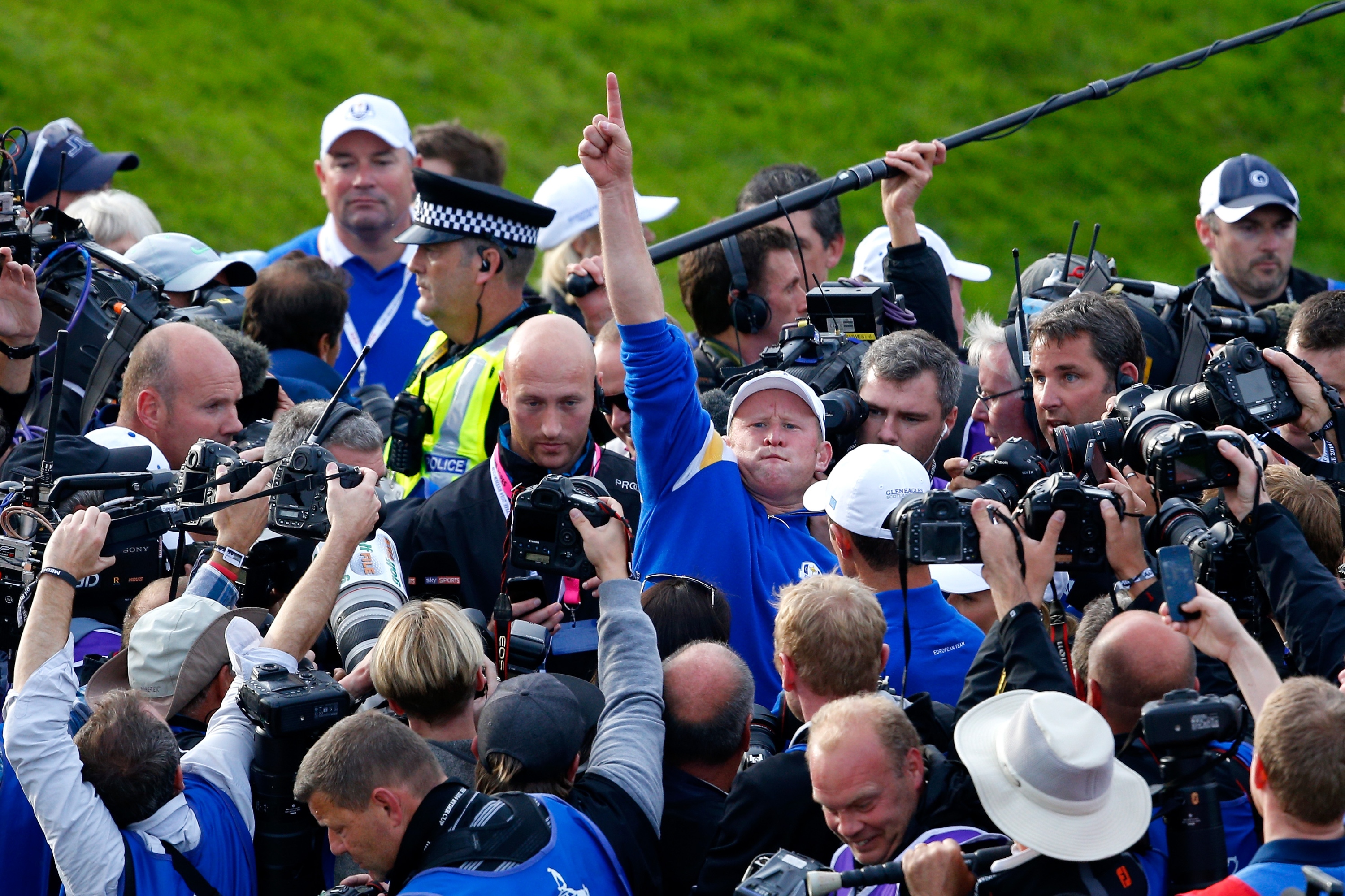 Jamie Donaldson celebrates on the 15th hole after Europe won the Ryder Cup. (Getty Images)