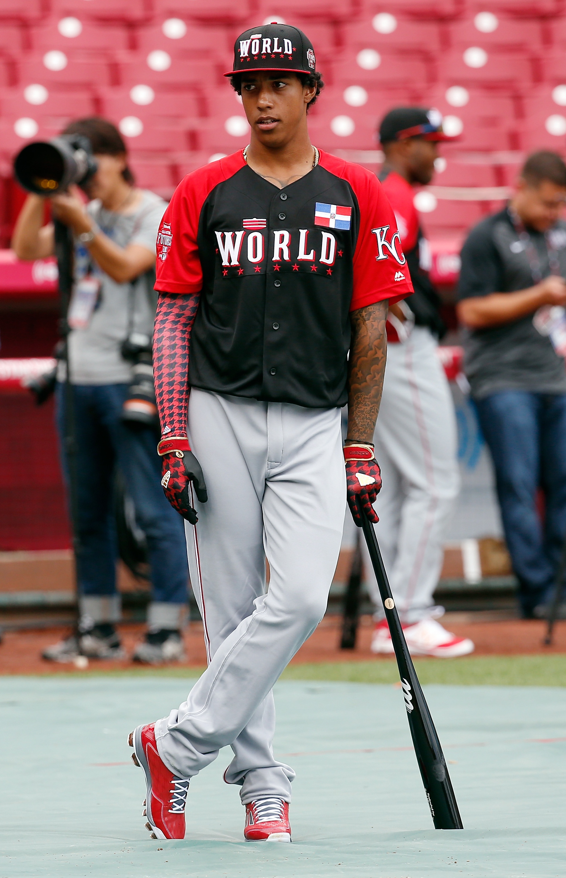 CINCINNATI, OH - JULY 12:  Raul Mondesi of the World Team looks on during batting practice before the SiriusXM All-Star Futures Game at the Great American Ball Park on July 12, 2015, in Cincinnati, Ohio.  (Photo by Rob Carr/Getty Images)