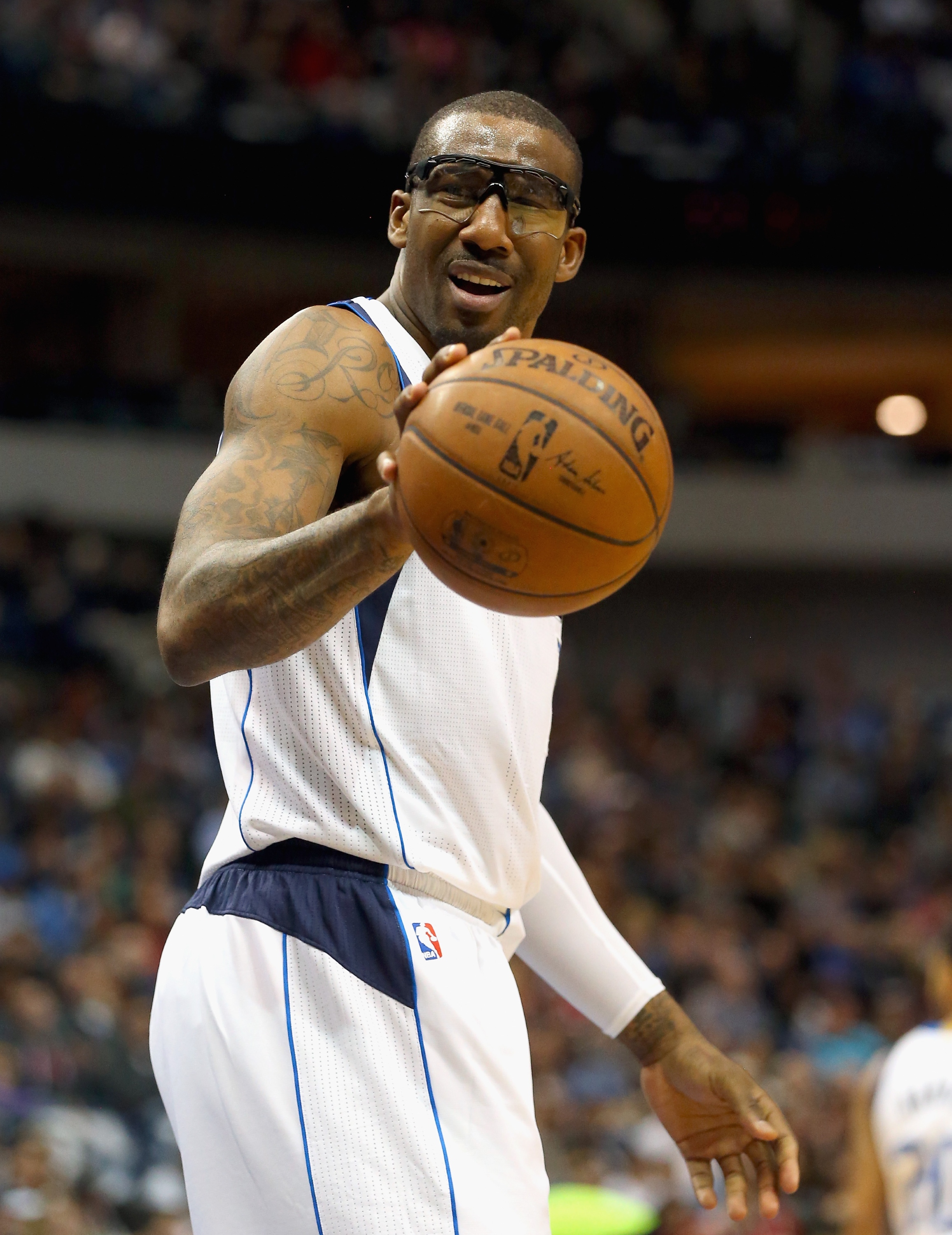 DALLAS, TX - FEBRUARY 24:  Amar'e Stoudemire #1 of the Dallas Mavericks reacts against the Toronto Raptors at American Airlines Center on February 24, 2015 in Dallas, Texas.  NOTE TO USER: User expressly acknowledges and agrees that, by downloading and or using this photograph, User is consenting to the terms and conditions of the Getty Images License Agreement.  (Photo by Ronald Martinez/Getty Images)
