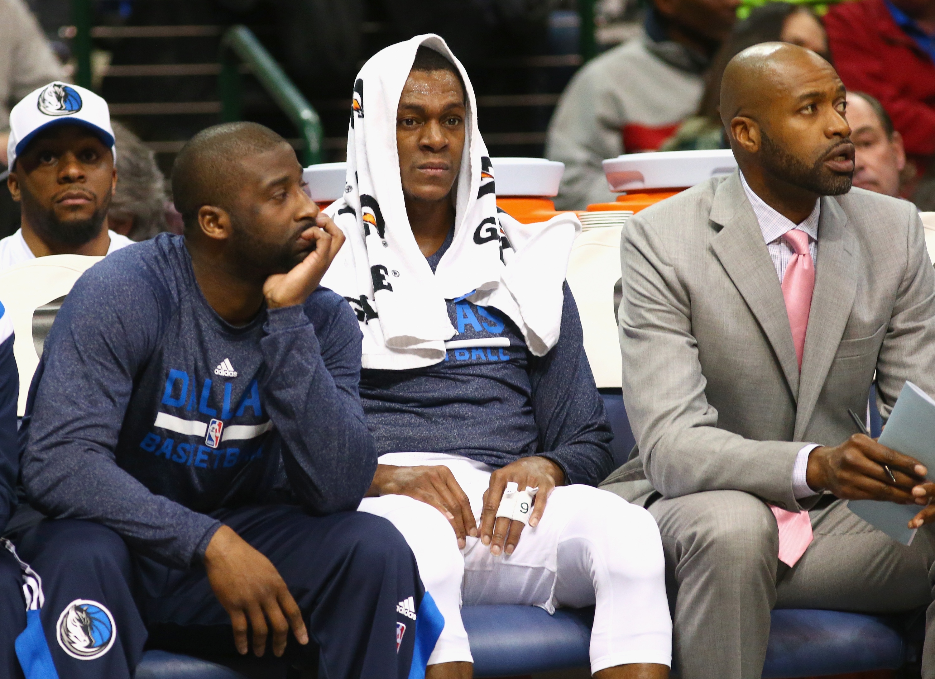 DALLAS, TX - FEBRUARY 24:  Rajon Rondo #9 of the Dallas Mavericks sits on the bench during play against the Toronto Raptors at American Airlines Center on February 24, 2015 in Dallas, Texas.  NOTE TO USER: User expressly acknowledges and agrees that, by downloading and or using this photograph, User is consenting to the terms and conditions of the Getty Images License Agreement.  (Photo by Ronald Martinez/Getty Images)