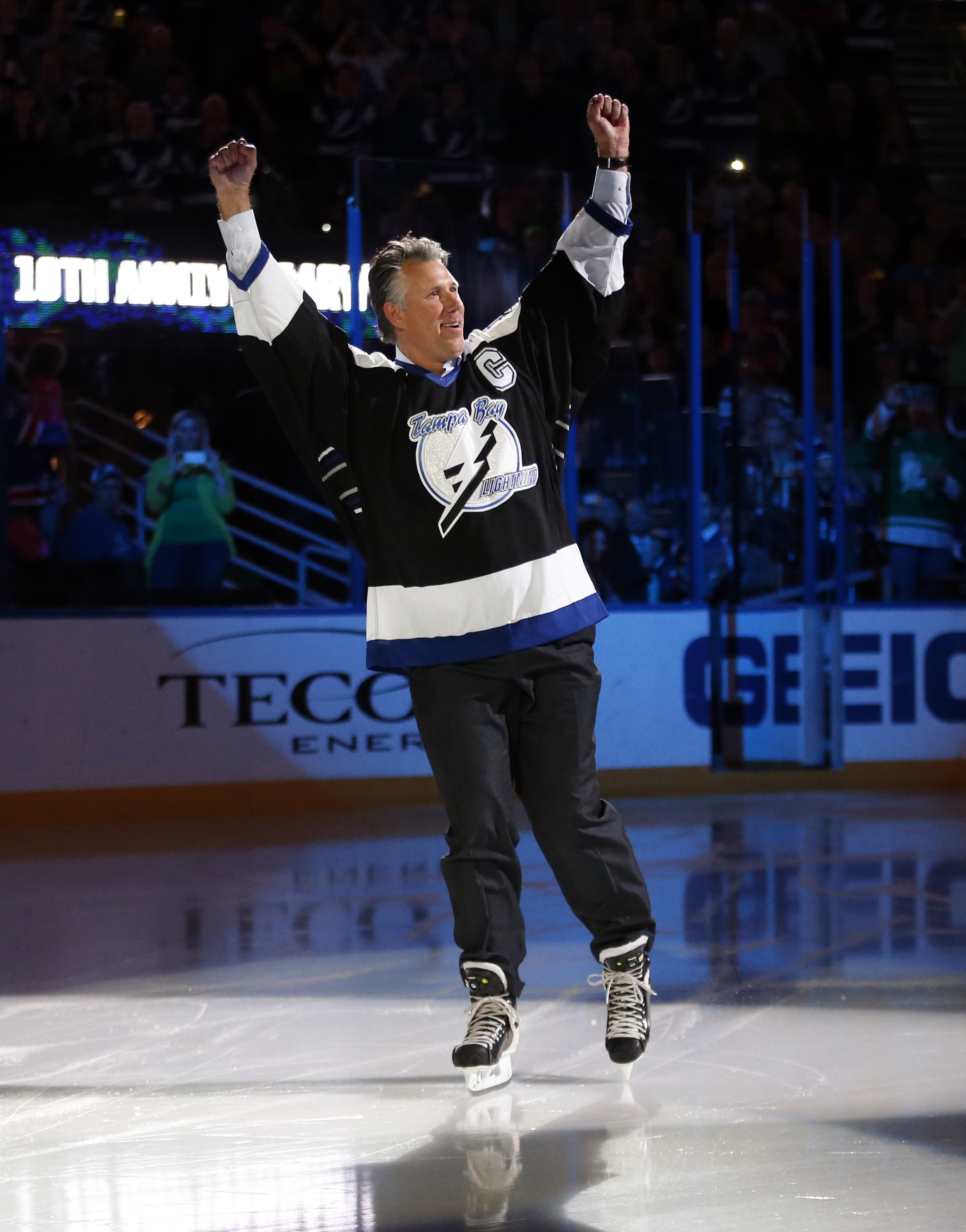 TAMPA, FL - MARCH 17: Dave Andreychuk, former captain of the Tampa Bay Lightning, is introduced as part of the team's celebration of the tenth anniversary of their Stanley Cup win prior to a game against the Vancouver Canucks at the Tampa Bay Times Forum on March 17, 2014 in Tampa, Florida. (Photo by Mike Carlson/Getty Images)