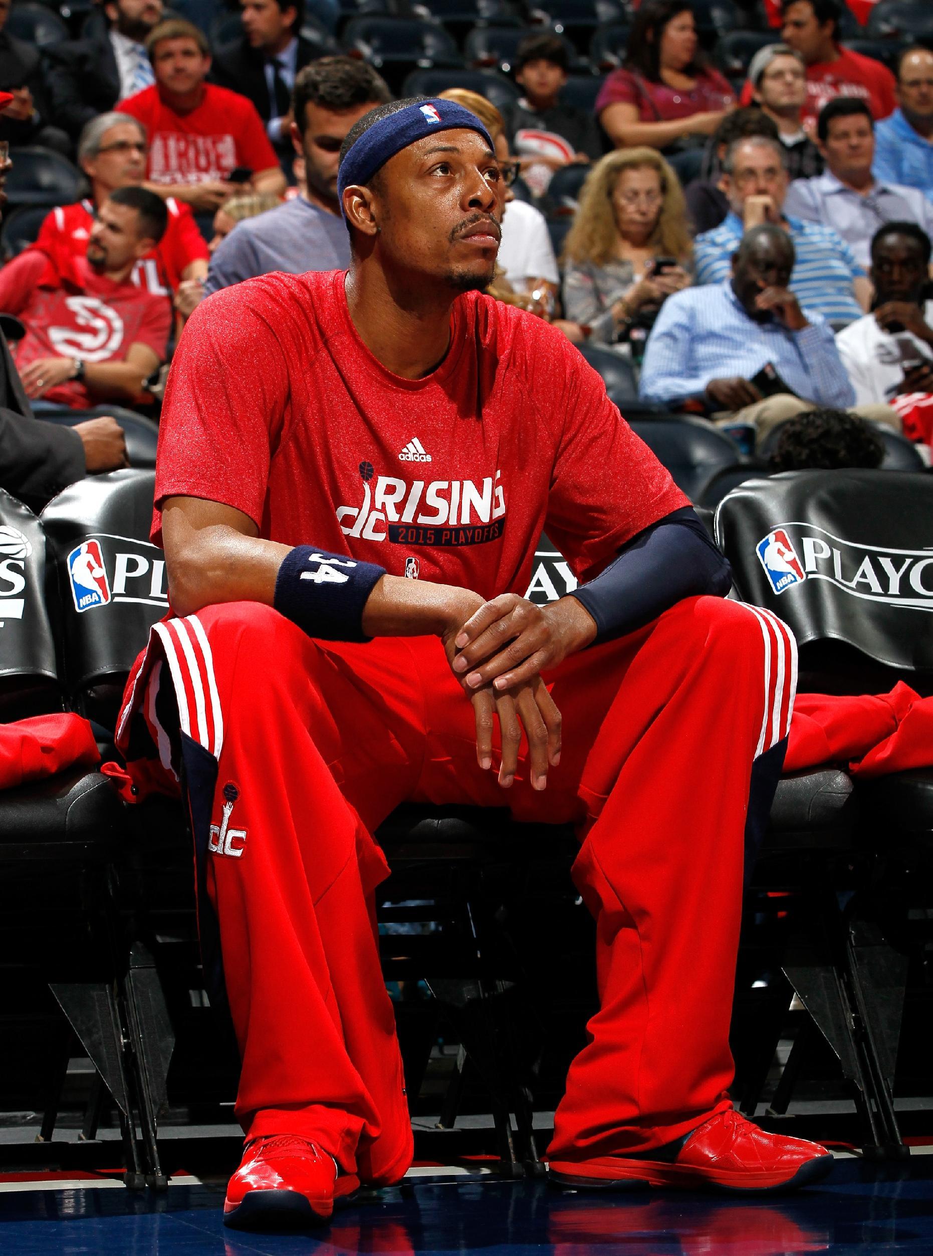ATLANTA, GA - MAY 13:  Paul Pierce #34 of the Washington Wizards warms up for Game Five of the Eastern Conference Semifinals of the 2015 NBA Playoffs against the Atlanta Hawks at Philips Arena on May 13, 2015 in Atlanta, Georgia.  NOTE TO USER: User expressly acknowledges and agrees that, by downloading and/or using this photograph, user is consenting to the terms and conditions of the Getty Images License Agreement.  (Photo by Kevin C. Cox/Getty Images)