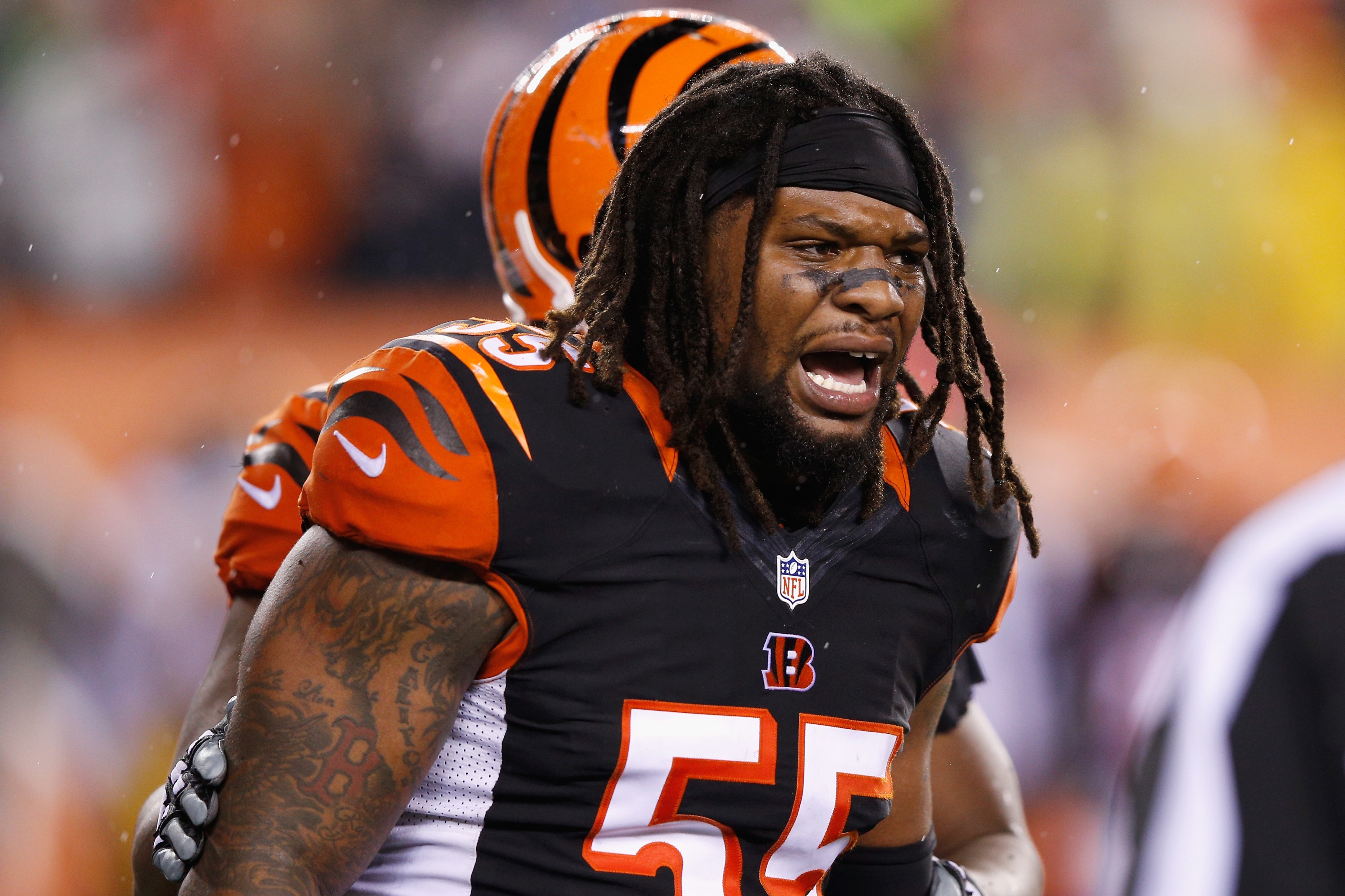 CINCINNATI, OH - JANUARY 09:  Vontaze Burfict #55 of the Cincinnati Bengals reacts in the third quarter against the Pittsburgh Steelers during the AFC Wild Card Playoff game at Paul Brown Stadium on January 9, 2016 in Cincinnati, Ohio.  (Photo by Joe Robbins/Getty Images)