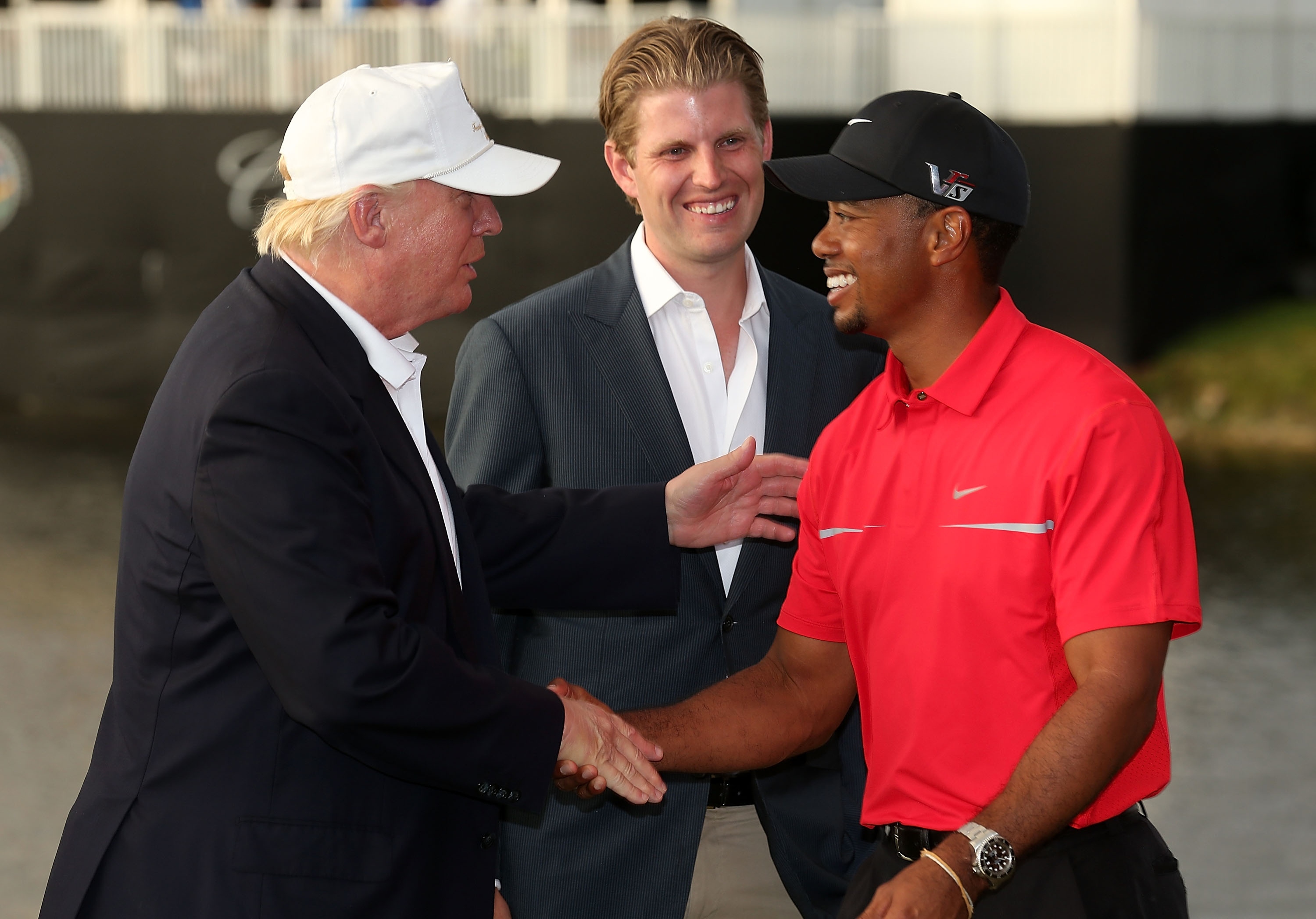 Donald Trump greets Tiger Woods in 2013 at what turned out to be one of the last PGA Tour tournaments at Trump Doral. (Getty)