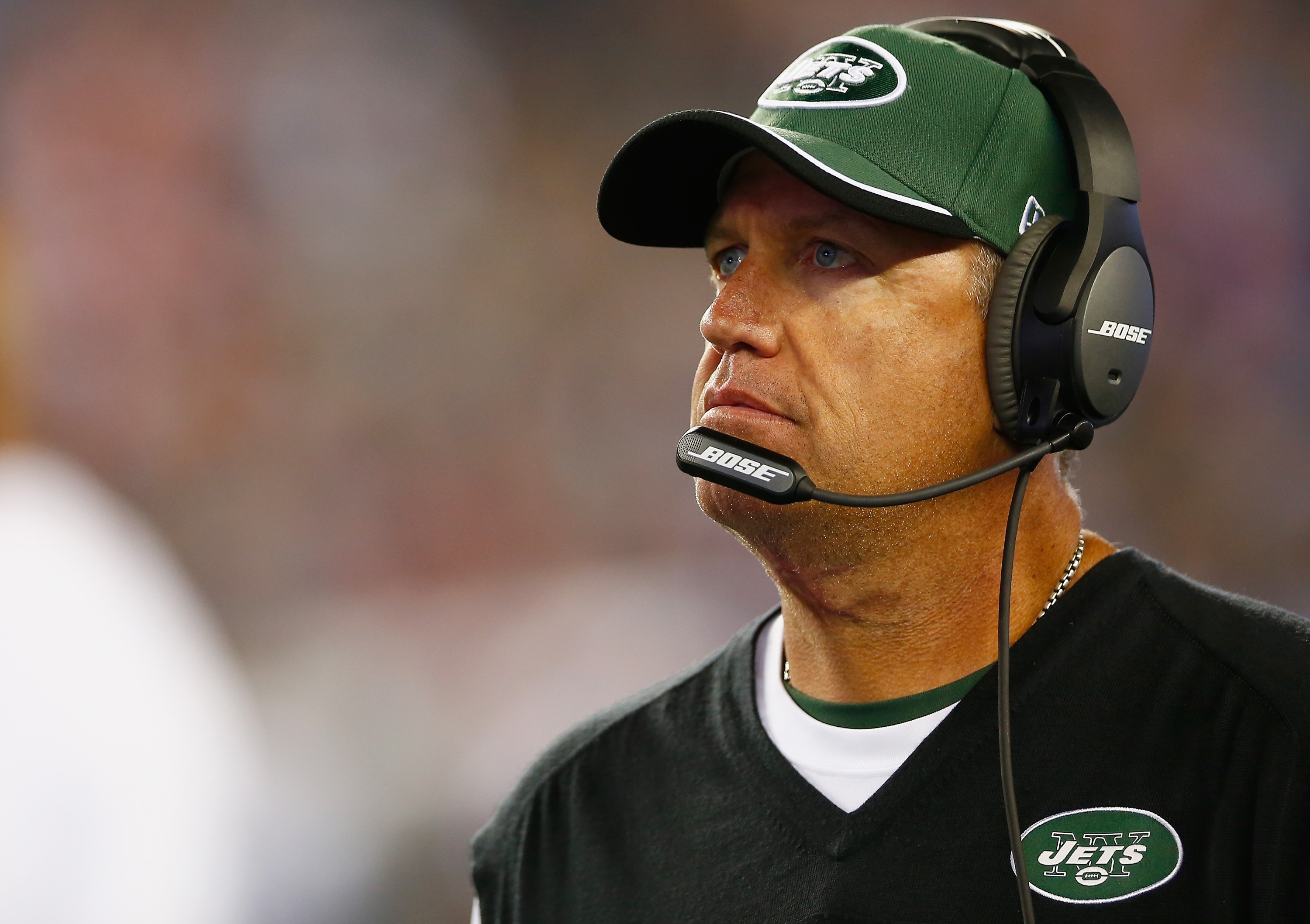 FOXBORO, MA - OCTOBER 16:  Head coach Rex Ryan of the New York Jets looks on during the second quarter against the New England Patriots at Gillette Stadium on October 16, 2014 in Foxboro, Massachusetts.  (Photo by Jared Wickerham/Getty Images)