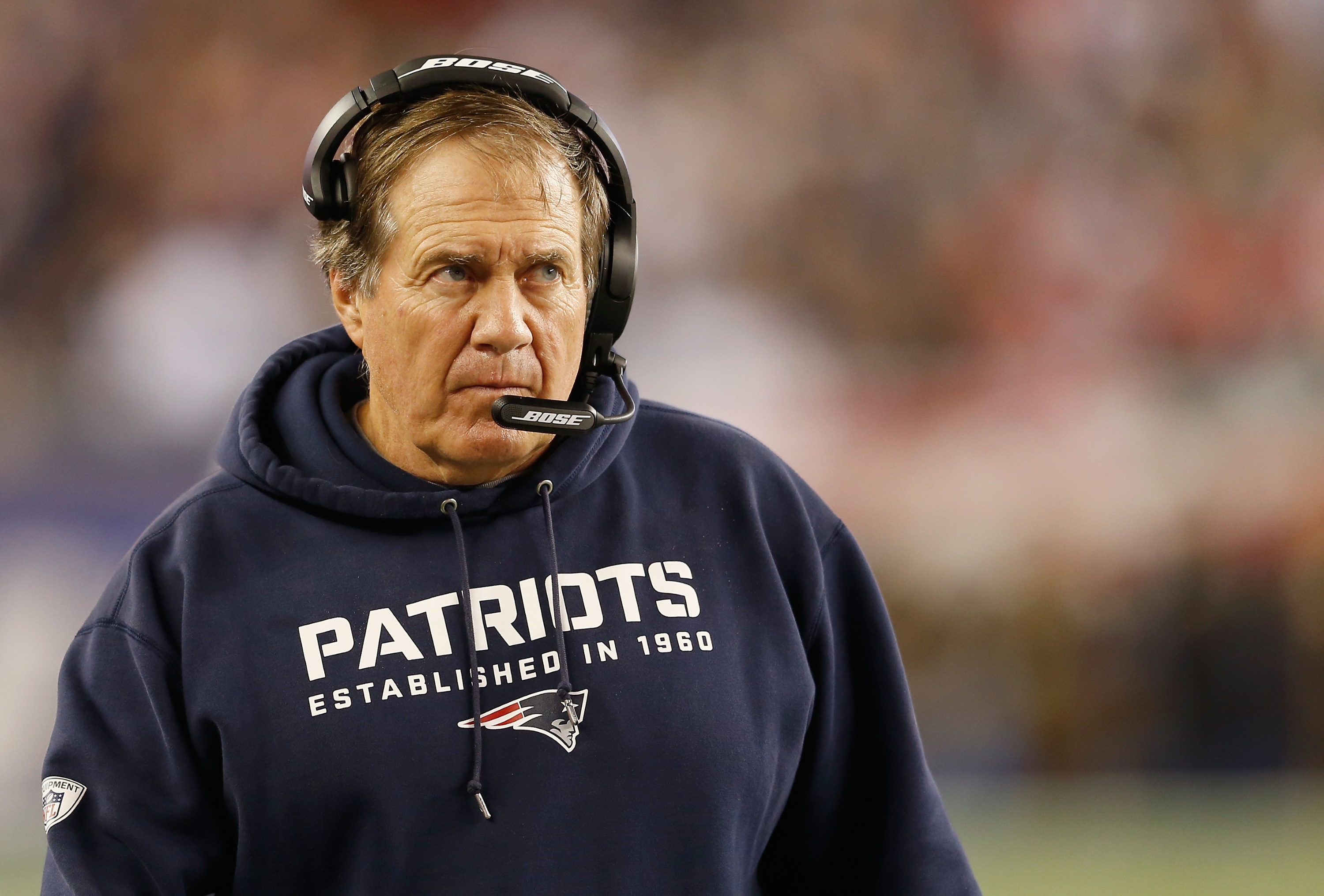 FOXBORO, MA - OCTOBER 16: Head Coach Bill Belichick of the New England Patriots looks on during the fourth quarter against the New York Jets at Gillette Stadium on October 16, 2014 in Foxboro, Massachusetts. (Photo by Jim Rogash/Getty Images)