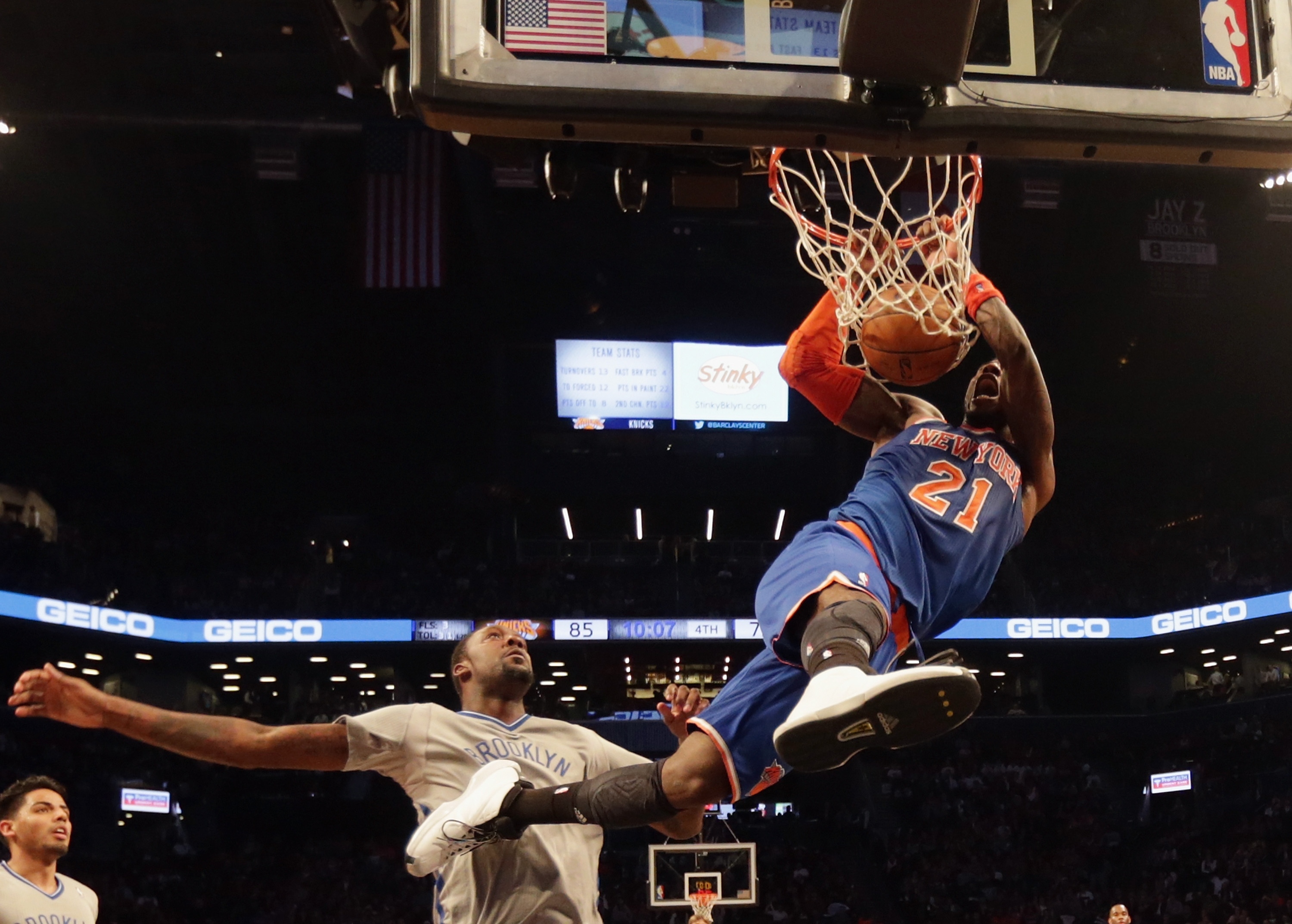 Iman Shumpert flushes one on the Brooklyn Nets. (Bruce Bennett/Getty Images)