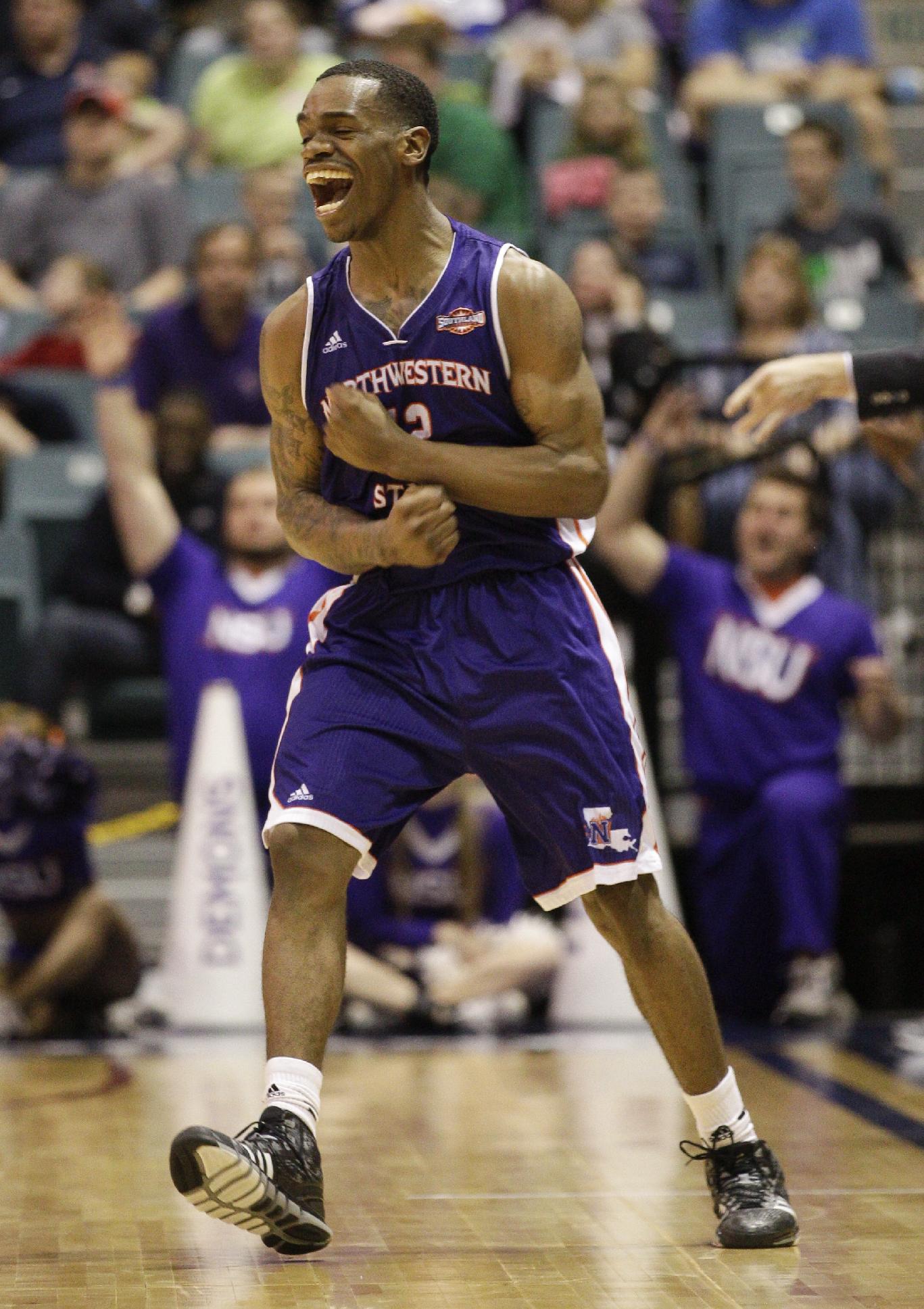 Northwestern State's Jalan West (12) reacts after making a three-point shot to tie the game during the second half of an NCAA college basketball game in the semifinal round of the Southland Conference tournament Friday, March 14, 2014, in Katy. (AP Photo/Bob Levey)