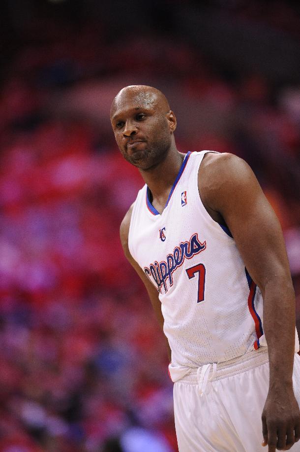 LOS ANGELES, CA - APRIL 30: Lamar Odom #7 of the Los Angeles Clippers looks on at Staples Center in Game Five of the Western Conference Quarterfinals during the 2013 NBA Playoffs on April 30, 2013 in Los Angeles, California. (Photo by Noah Graham/NBAE via Getty Images)