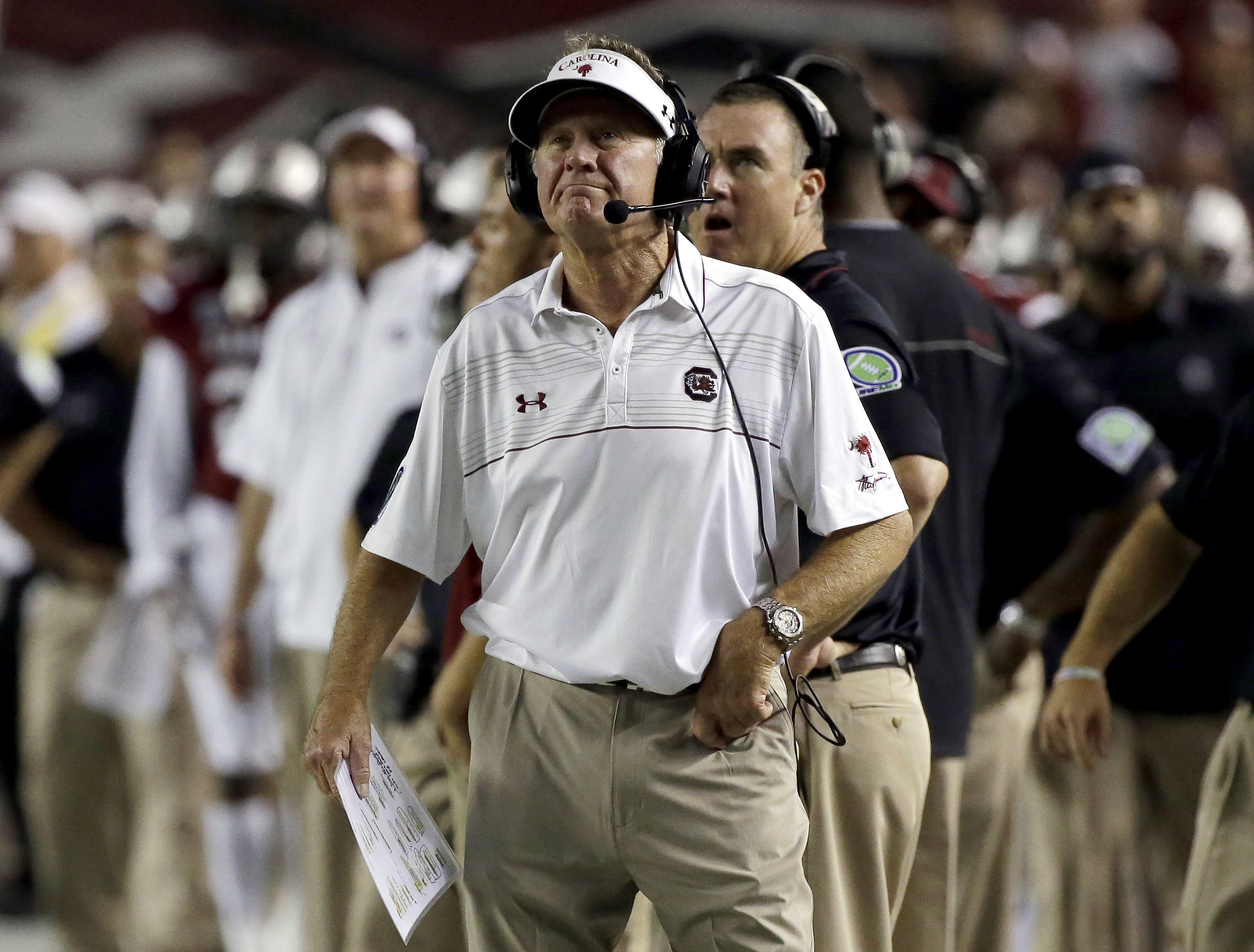 South Carolina head coach Steve Spurrier reacts to a call on the sidelines during the first half against Missouri on, Saturday, Sept. 27, 2014, in Columbia, S.C. (AP Photo/Stephen B. Morton)