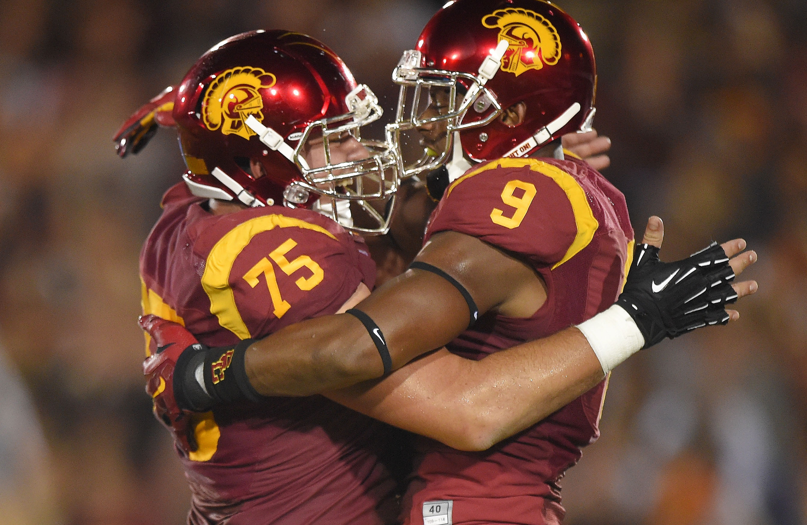Southern California wide receiver JuJu Smith, right, celebrates his touchdown with center Max Tuerk during the first half of an NCAA college football game against California, Thursday, Nov. 13, 2014, in Los Angeles. (AP Photo/Mark J. Terrill)