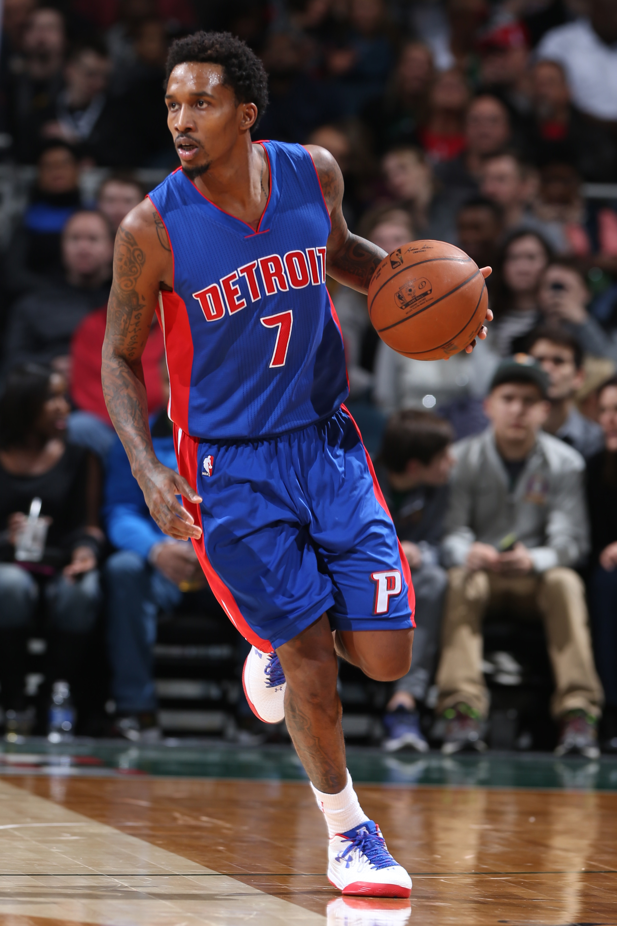 MILWAUKEE, WI - JANUARY 24: Brandon Jennings #7 of the Detroit Pistons handles the ball against the Milwaukee Bucks on January 24, 2015 at BMO Harris Bradley Center in Milwaukee, Wisconsin . (Photo by Gary Dineen/NBAE via Getty Images)