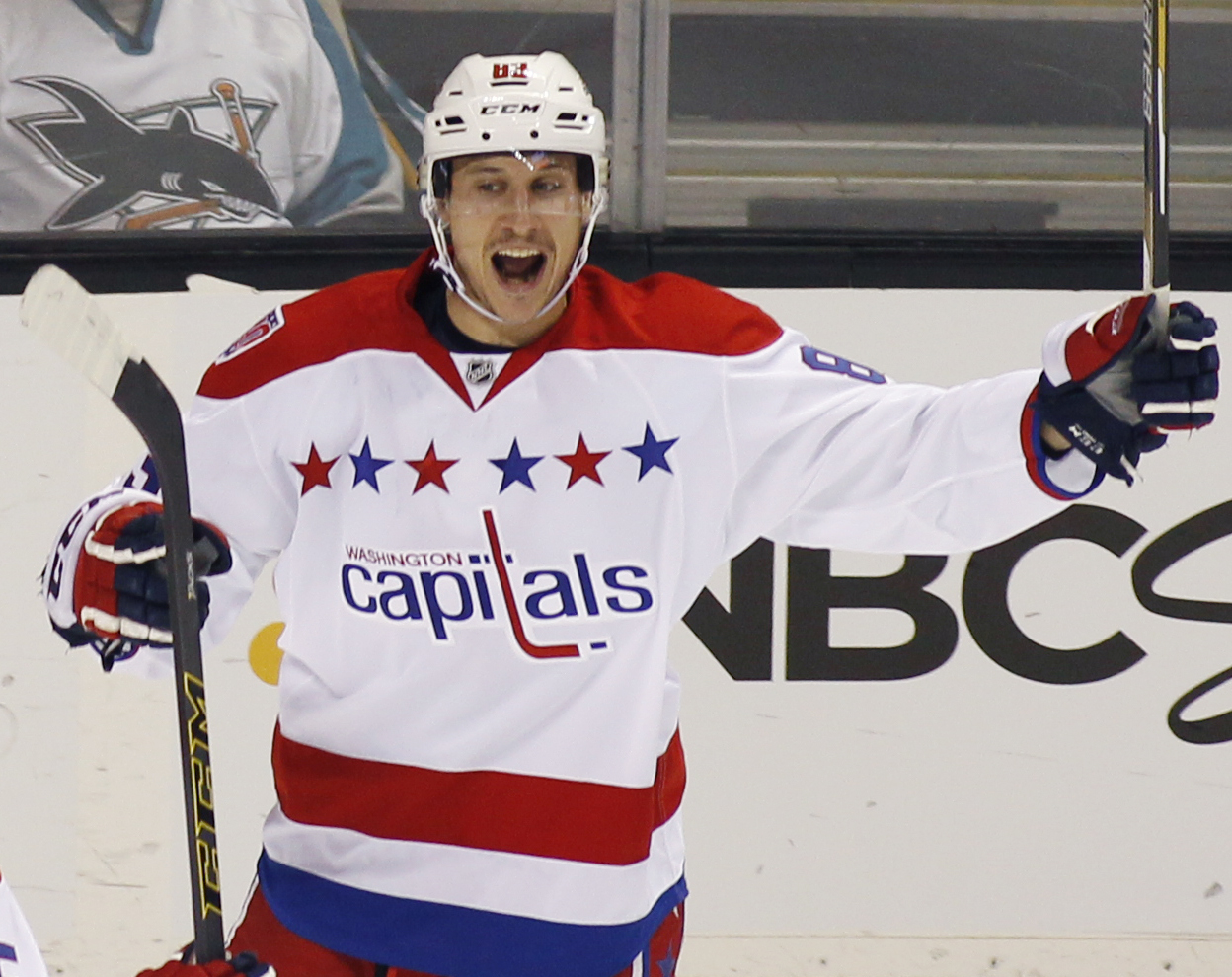 Washington Capitals' Jay Beagle, reacts after scoring a goal against the San Jose Sharks during the first period of an NHL hockey game, Wednesday, Feb. 11, 2015, in San Jose, Calif. (AP Photo/George Nikitin)