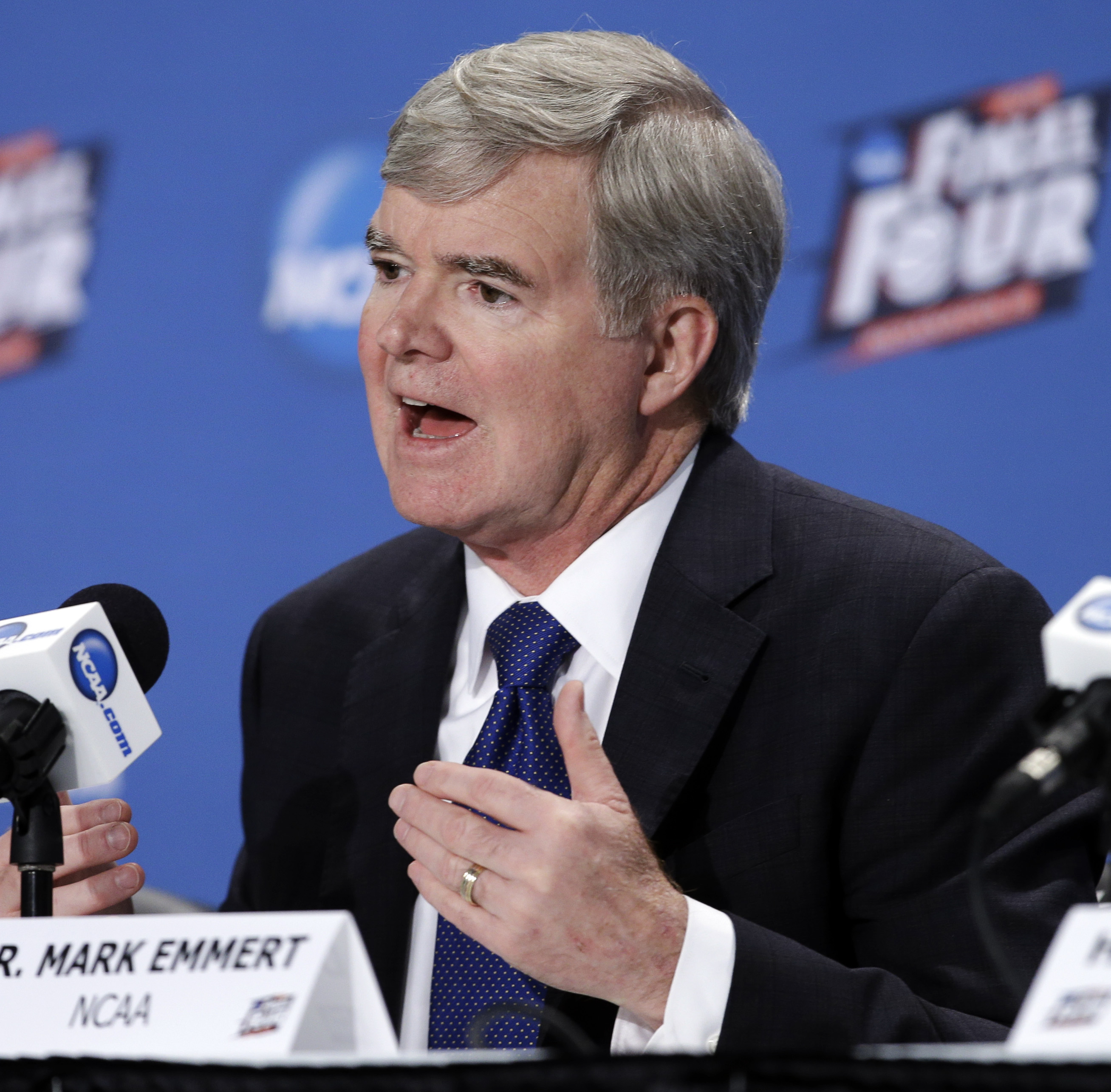 NCAA President Mark Emmert answers questions during a news conference at the Men's Final Four college basketball tournament Thursday, April 2, 2015, in Indianapolis. (AP Photo/Darron Cummings)