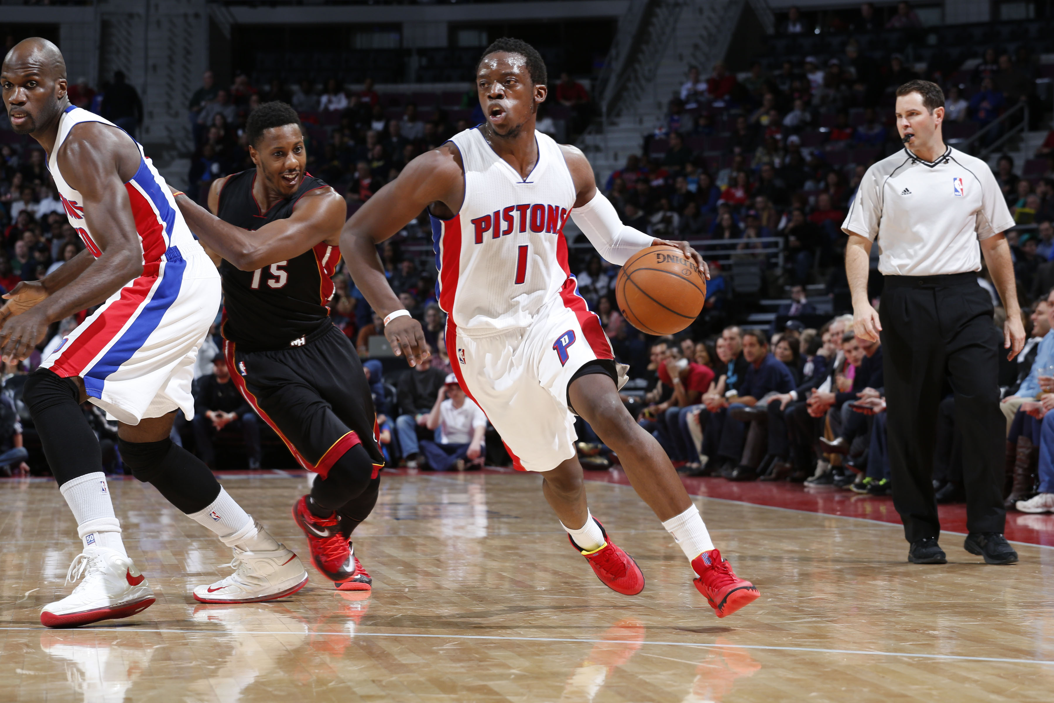 AUBURN HILLS, MI - APRIL 4: Reggie Jackson #1 of the Detroit Pistons looks to move the ball against the Miami Heat during the game on April 4, 2015 at The Palace of Auburn Hills in Auburn Hills, Michigan. (Photo by B. Sevald/Einstein/NBAE via Getty Images)