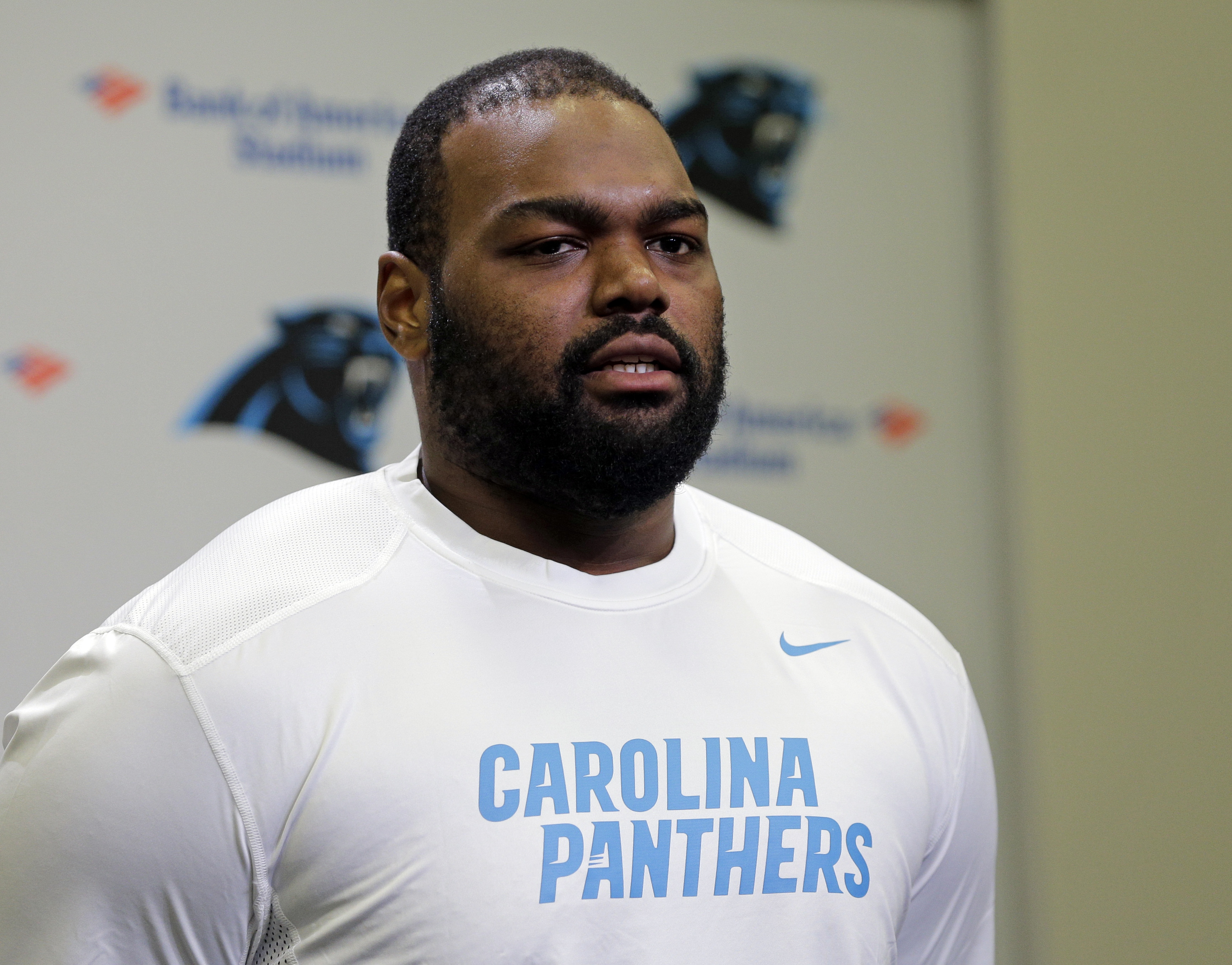 Carolina Panthers' Michael Oher speaks to the media during the first day of their NFL football offseason conditioning program, Monday, April 20, 2015, in Charlotte, N.C. (AP Photo/Chuck Burton)