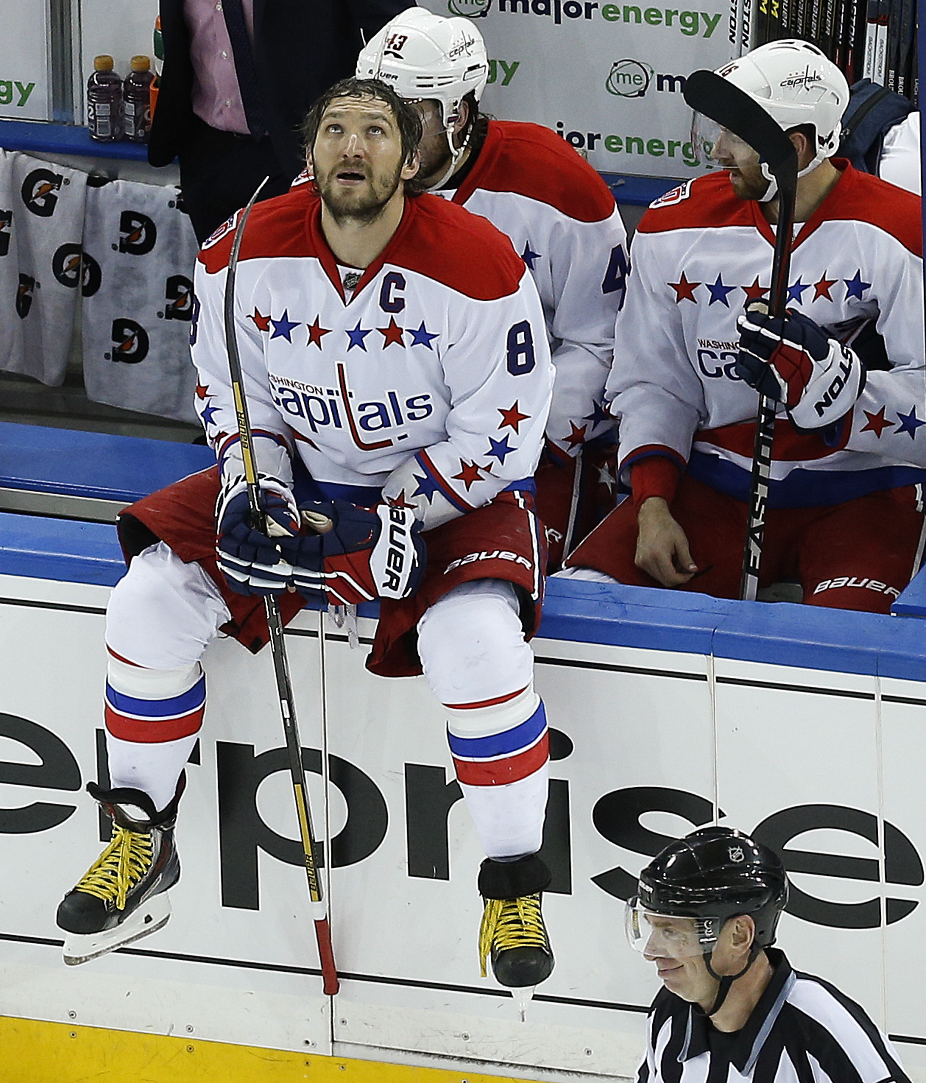 Washington Capitals left wing Alex Ovechkin (8) takes break during a time out against the New York Rangers during the third period of Game 7 of the Eastern Conference semifinals during the NHL hockey Stanley Cup playoffs, Wednesday, May 13, 2015, in New York. (AP Photo/Julie Jacobson)