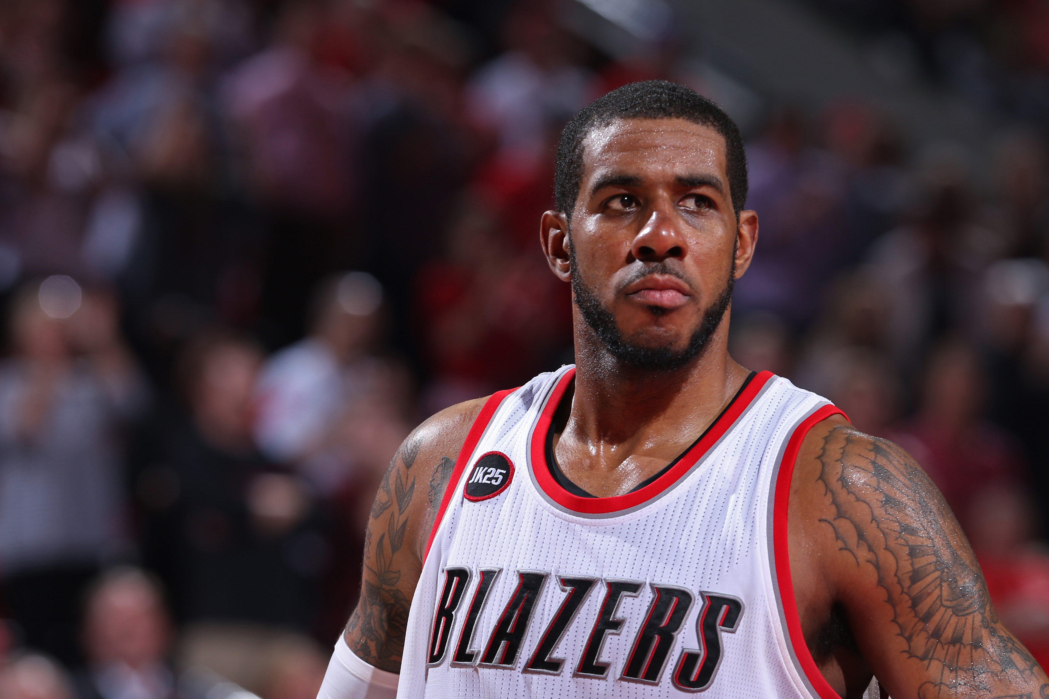 PORTLAND, OR - APRIL 27: A close up shot of LaMarcus Aldridge #12 of the Portland Trail Blazers against the Memphis Grizzlies in Game Four of the Western Conference Quarterfinals during the 2015 NBA Playoffs on April 27, 2015 at the Moda Center in Portland, Oregon. (Photo by Sam Forencich/NBAE via Getty Images)