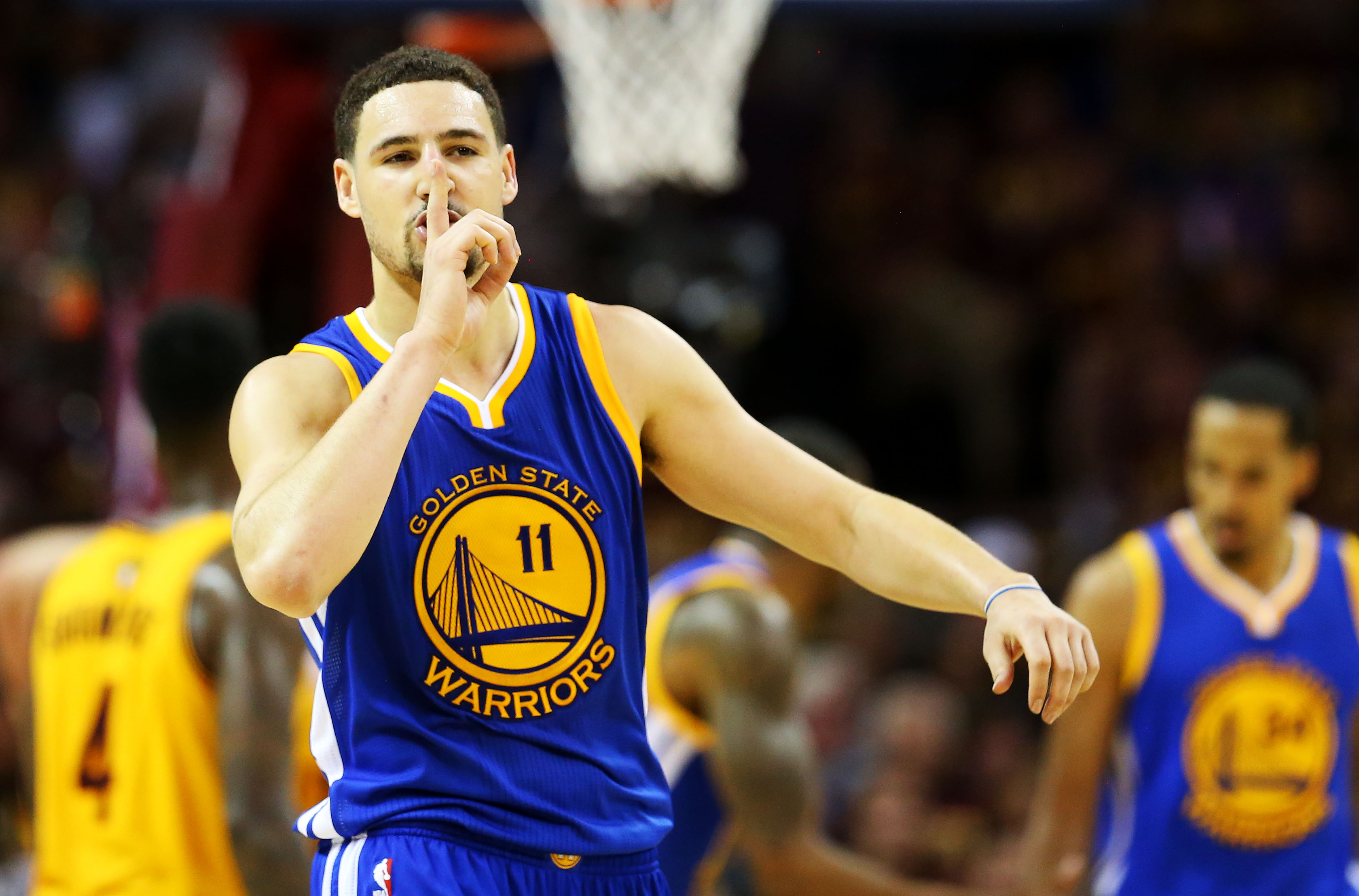 Klay Thompson insists that everyone just hush up. (Ronald Martinez/Getty Images)