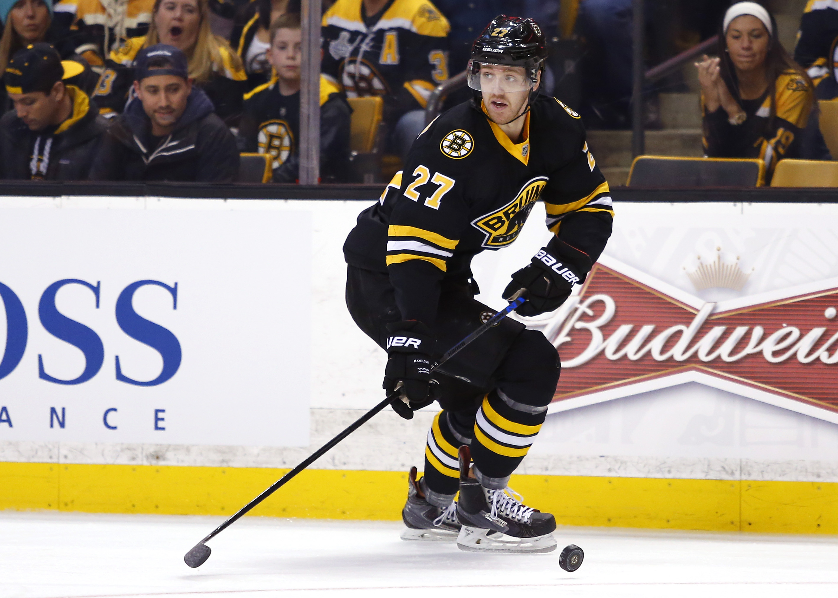 Boston Bruins' Dougie Hamilton during the first period of an NHL hockey game against the Arizona Coyotes in Boston Saturday, Feb. 28, 2015. (AP Photo/Winslow Townson)