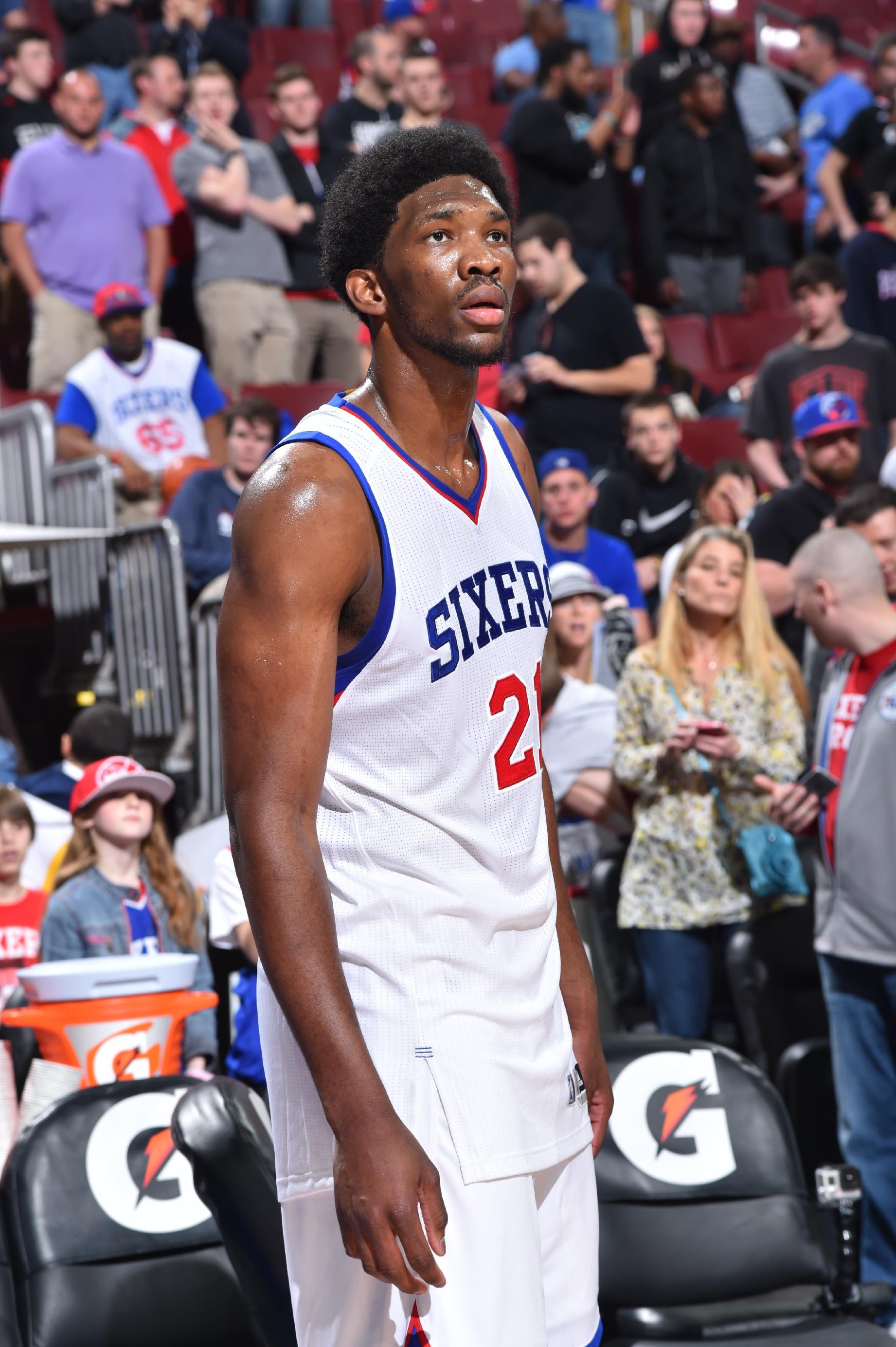 Joel Embiid gets in some pre-game practice in 2015. (Jesse D. Garrabrant/NBAE via Getty Images)