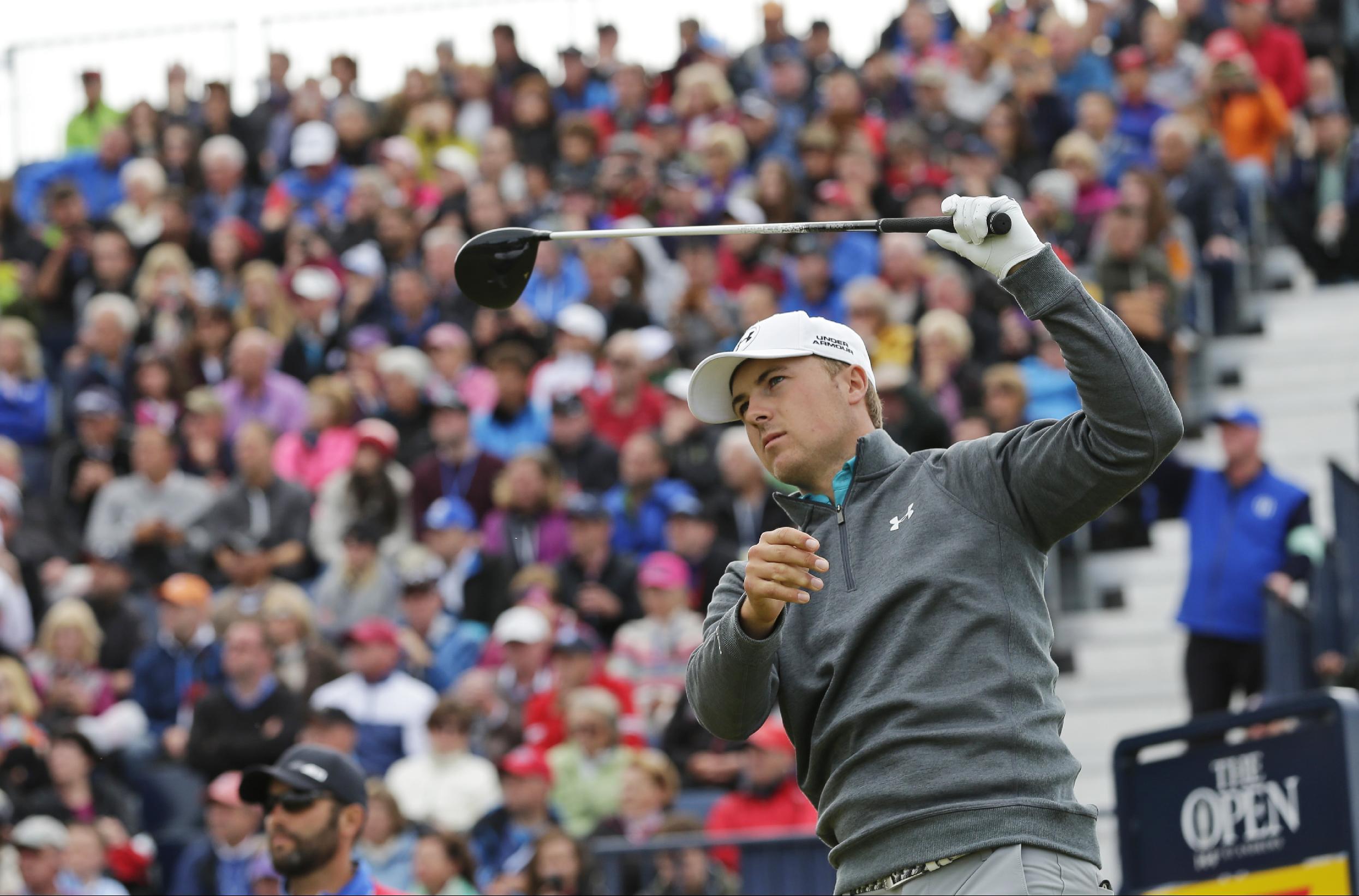 Jordan Spieth plays from the 17th tee during the third round at the British Open. (AP)