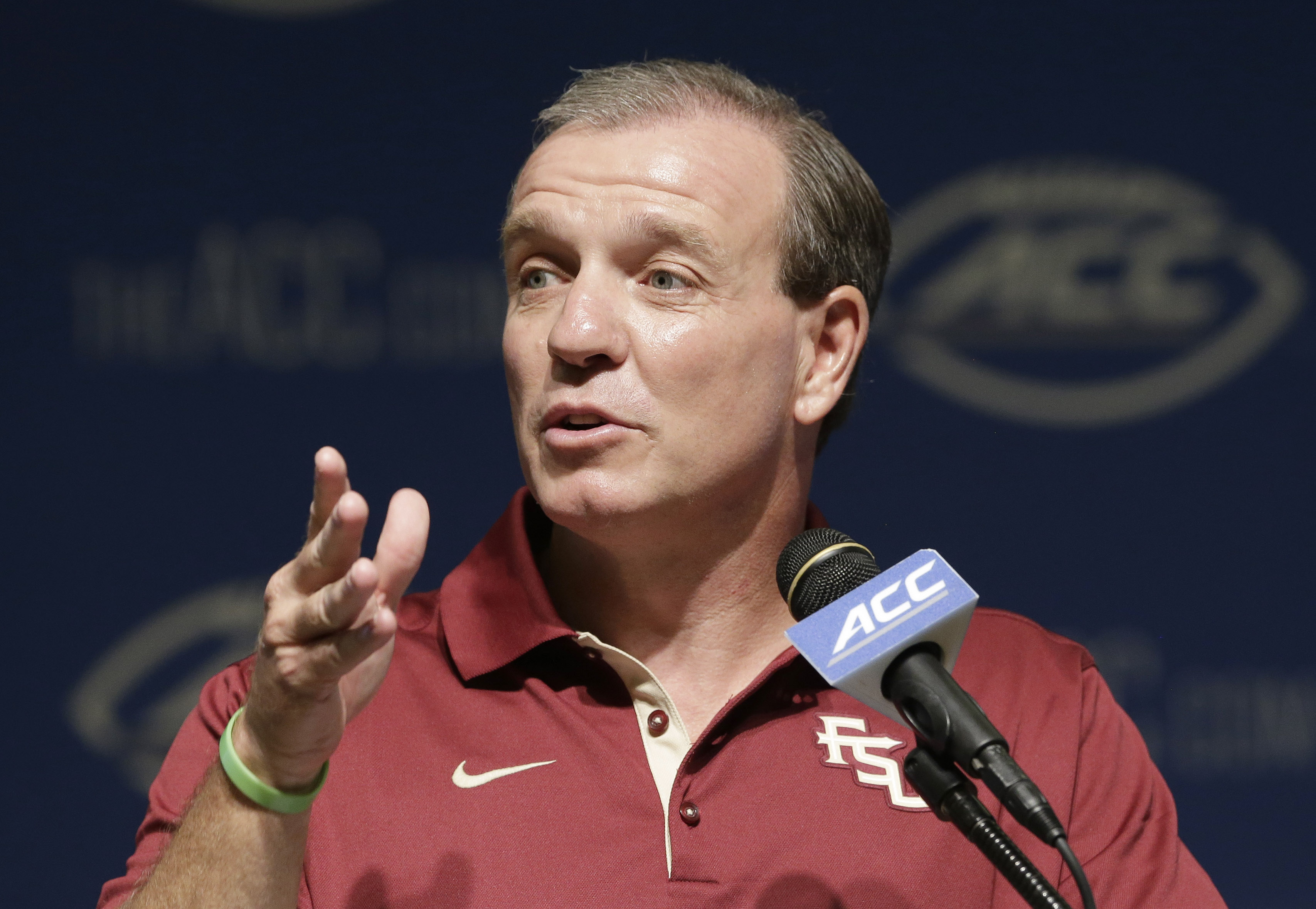 Florida State coach Jimbo Fisher responds to questions during the ACC NCAA college football kickoff in Pinehurst, N.C., Tuesday, July 21, 2015. (AP Photo/Gerry Broome)