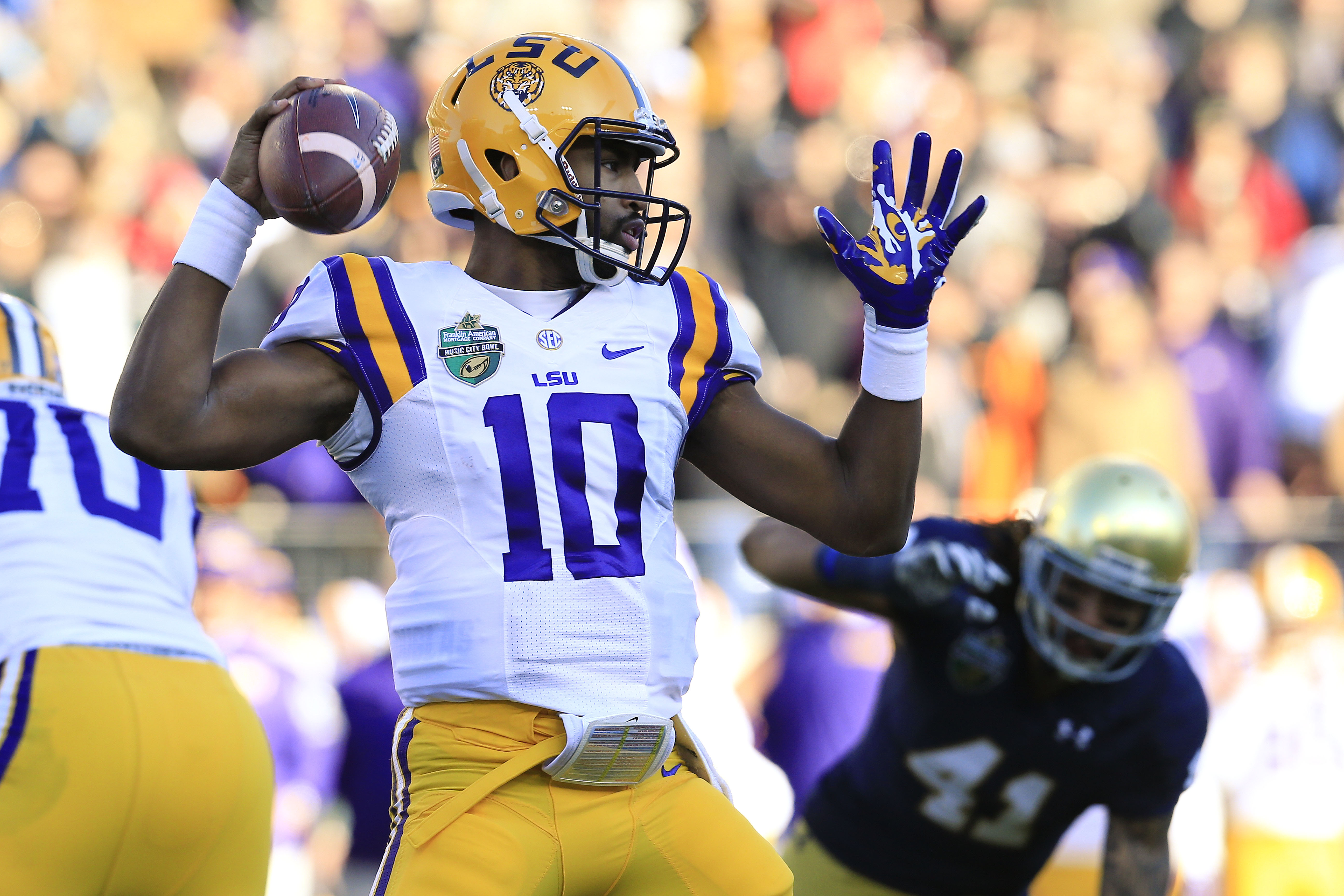 LSU quarterback Anthony Jennings (10) passes against Notre Dame in the first half of the Music City Bowl NCAA college football game Tuesday, Dec. 30, 2014, in Nashville, Tenn. (AP Photo/Mark Humphrey)