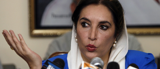 Pakistan former Prime Minister Benazir Bhutto addresses a news conference in Karachi, Pakistan, on Thursday, Dec. 13, 2007. Both Bhutto and Nawaz Sharif have hit the campaign trail this week after abandoning threats to boycott the Jan. 8 elections.