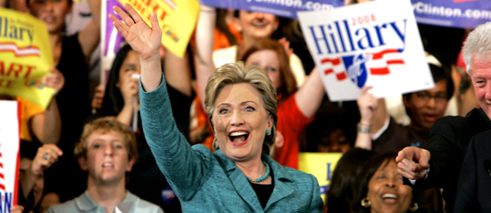 Democratic presidential hopeful Sen. Hillary Rodham Clinton, D-N.Y., waves to supporters after winning the Pennsylvania primary in Philadelphia Tuesday, April 22, 2008. At right, former president Bill Clinton.