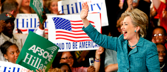 Democratic presidential hopeful Sen. Hillary Clinton (D-NY) greets supporters during a primary night rally in the Park Hyatt Philadelphia at the Bellevue April 22, 2008 in Philadelphia, Pennsylvania. Early results indicate Sen. Clinton will win the Pennsylvania primary over rival Sen. Barack Obama (D-IL).