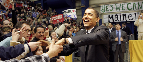Democratic presidential hopeful, Sen. Barack Obama, D-Ill., greets supporters before a rally Saturday, Feb. 9, 2008, in Bangor, Maine.